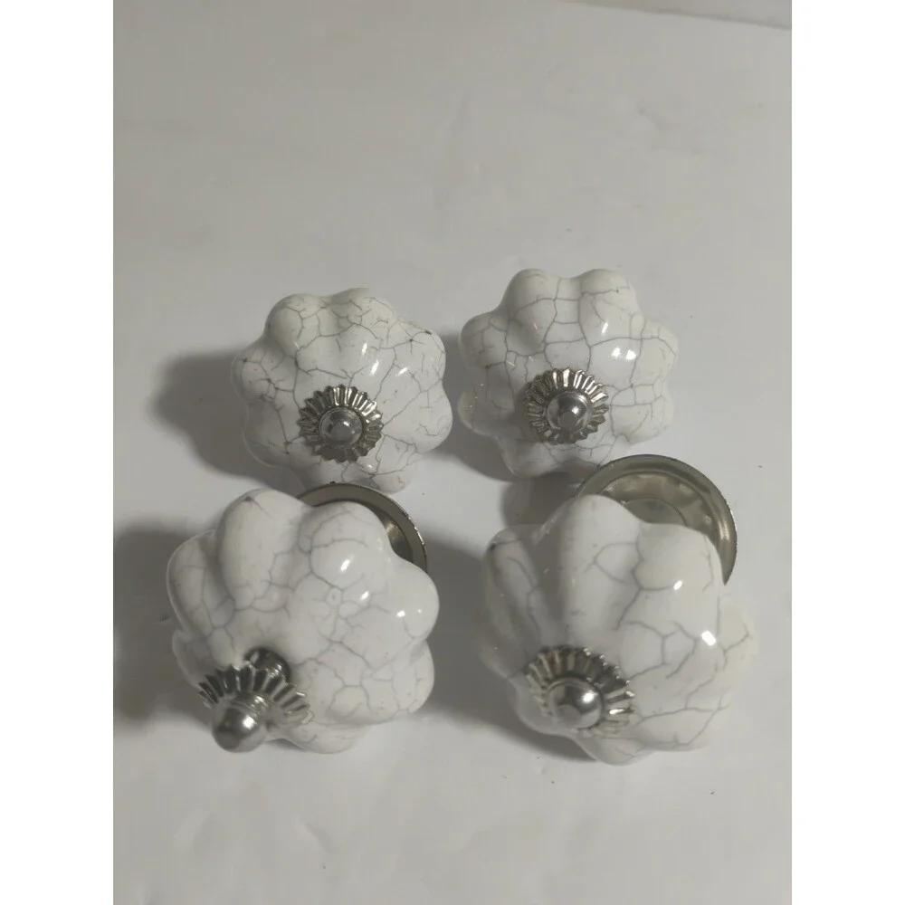 Lot of 4 Vintage Style White Crackle Glaze Ceramic Melon Cabinet Knobs Pulls